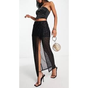 Topshop Diamond Sequin Sheer Wrap Midi Skirt – Black Party Glam – Women’s XS